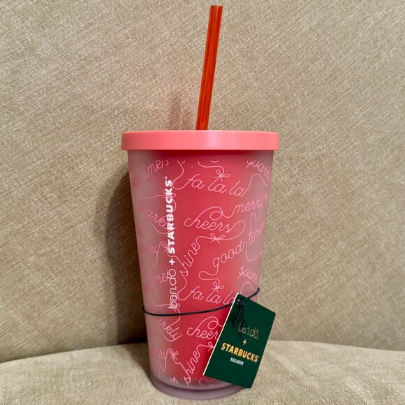 NEW Starbucks LE Holiday 2018 ~ Ban.do Grande Tumbler Pink / Red 16oz Soft Touch - Picture 1 of 8
